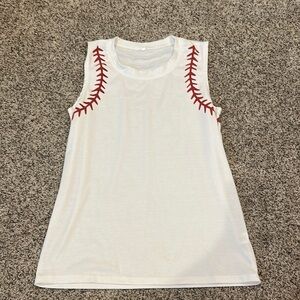 White Sleeveless Top with Red Stitch Baseball Design